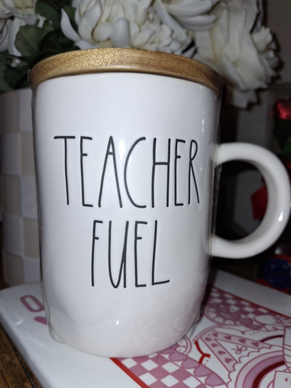 Rae Dunn White Ceramic 'Teacher Fuel' Mug with Wooden Lid Coaster